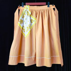 OOAK Half Apron Vintage Kitchen Lg Tan w Handkerchief Pocket Rick Rack Hem VTG